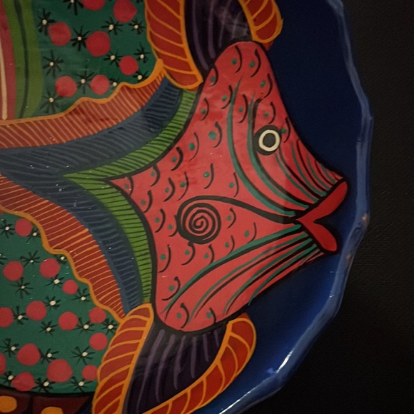 Hand Painted Folk Art Red Clay Footed Bowl - Colorful Tropical Fish. 10 in. Wide - Picture 2 of 7